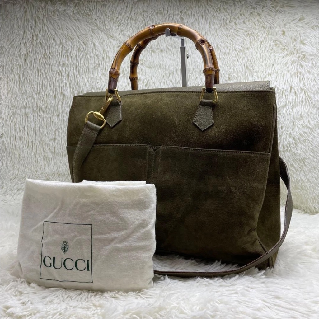 Gucci Dark Green Suede Bag With Bamboo Handles Gucci Dark Green Suede Bag With Bamboo Handles